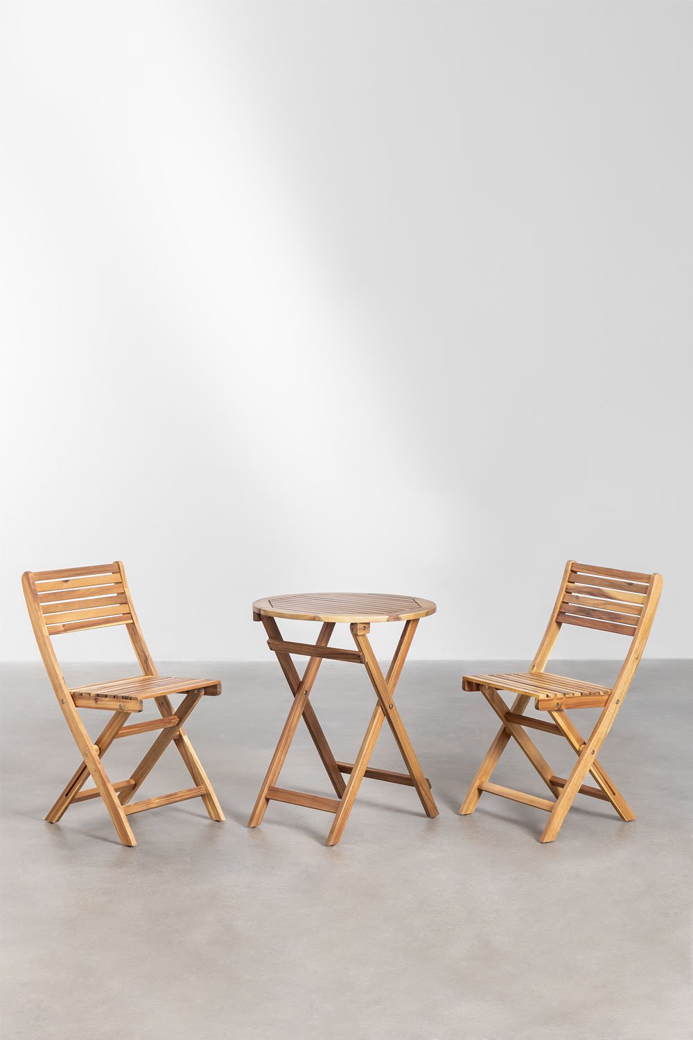 Set van ronde tafel Ø60 cm en 2 inklapbare tuinstoelen in acacia