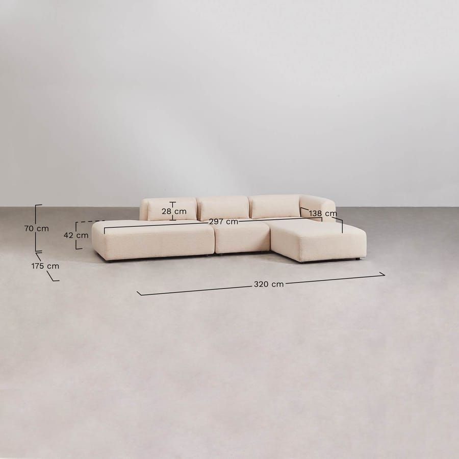 Canapé Fogler d'angle beige avec cotes indiquées : 320 cm de long, 175 cm de profondeur, 70 cm de hauteur.