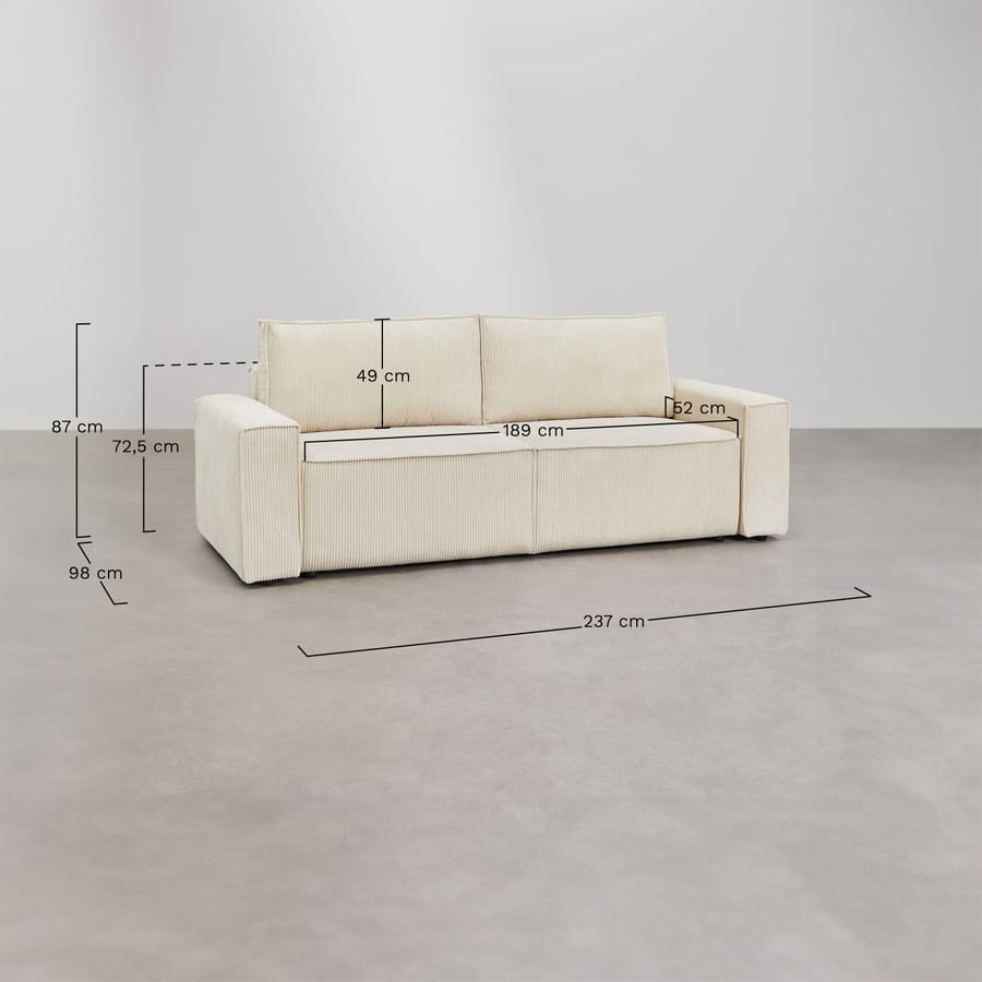 Schéma coté du canapé Tampere beige crème avec hauteur, profondeur et largeur d'assise.
