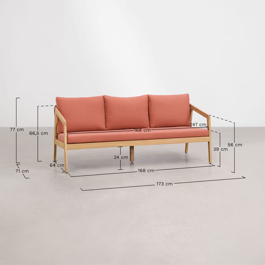 Schéma coté du canapé Kaela en tissu terracotta, avec hauteurs, largeurs et profondeur indiquées.