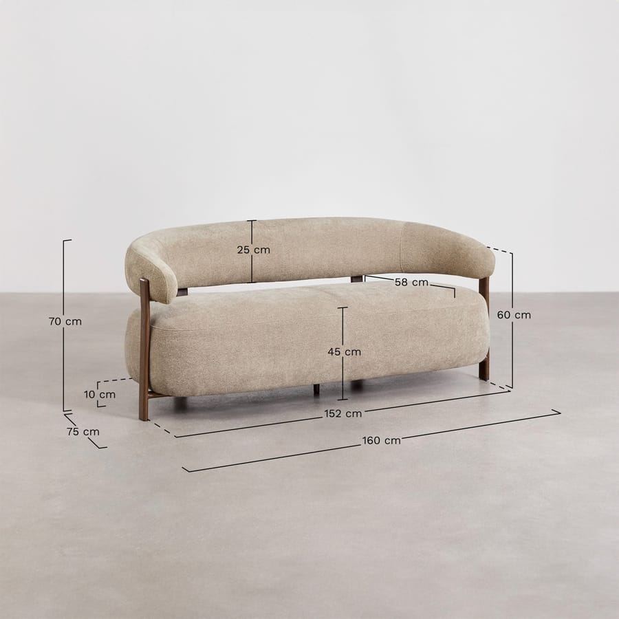 Schéma coté du canapé Jolie en tissu beige avec les hauteurs, profondeurs et largeurs indiquées.