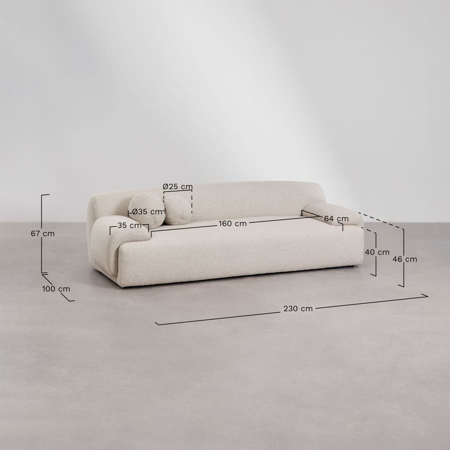 Schéma coté du canapé Shirina en tissu bouclette crème avec mesures en centimètres.
