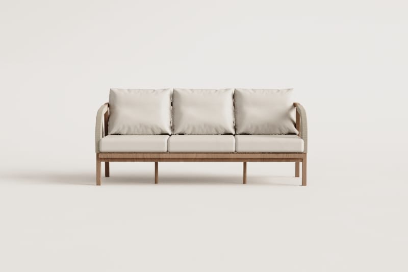 Canapé Dubai vu de face, trois coussins de dossier blancs, cordage beige sur les côtés, pieds en bois.