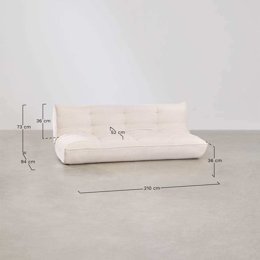Schéma coté du canapé Mati en tissu crème avec ses dimensions en centimètres.