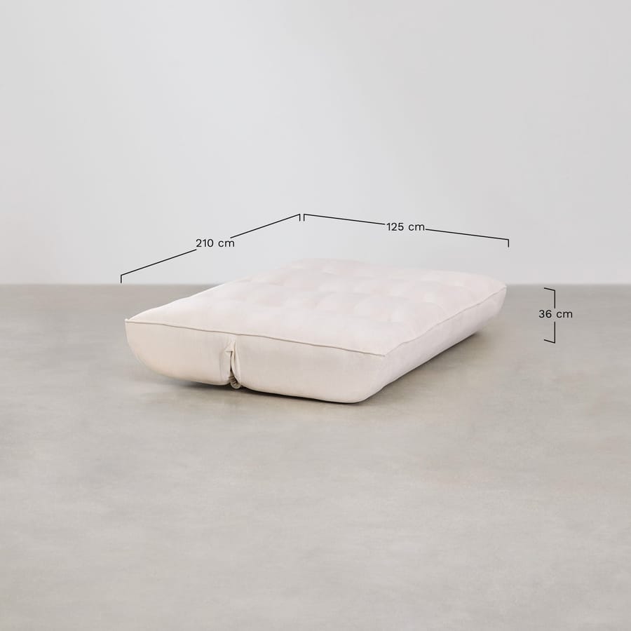 Schéma coté du couchage Mati crème avec largeur, longueur et hauteur indiquées.
