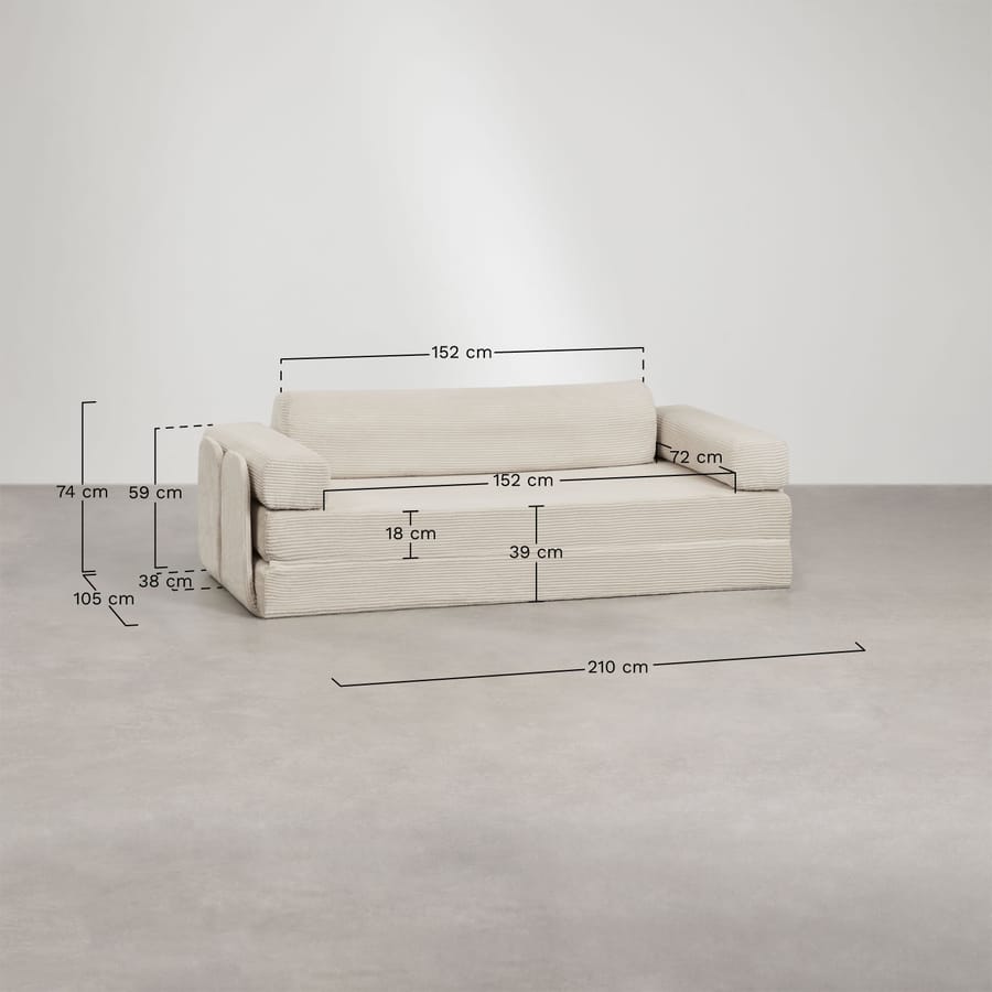 Schéma coté du canapé Paoly beige avec ses dimensions en centimètres, de face et de côté.
