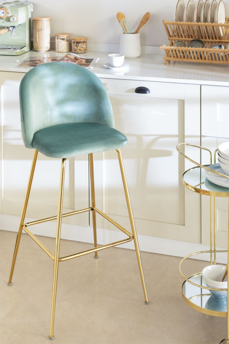 Barhocker 75 cm aus tannengrünem Samt und goldenen Beinen Kana Design - Grün Tanne