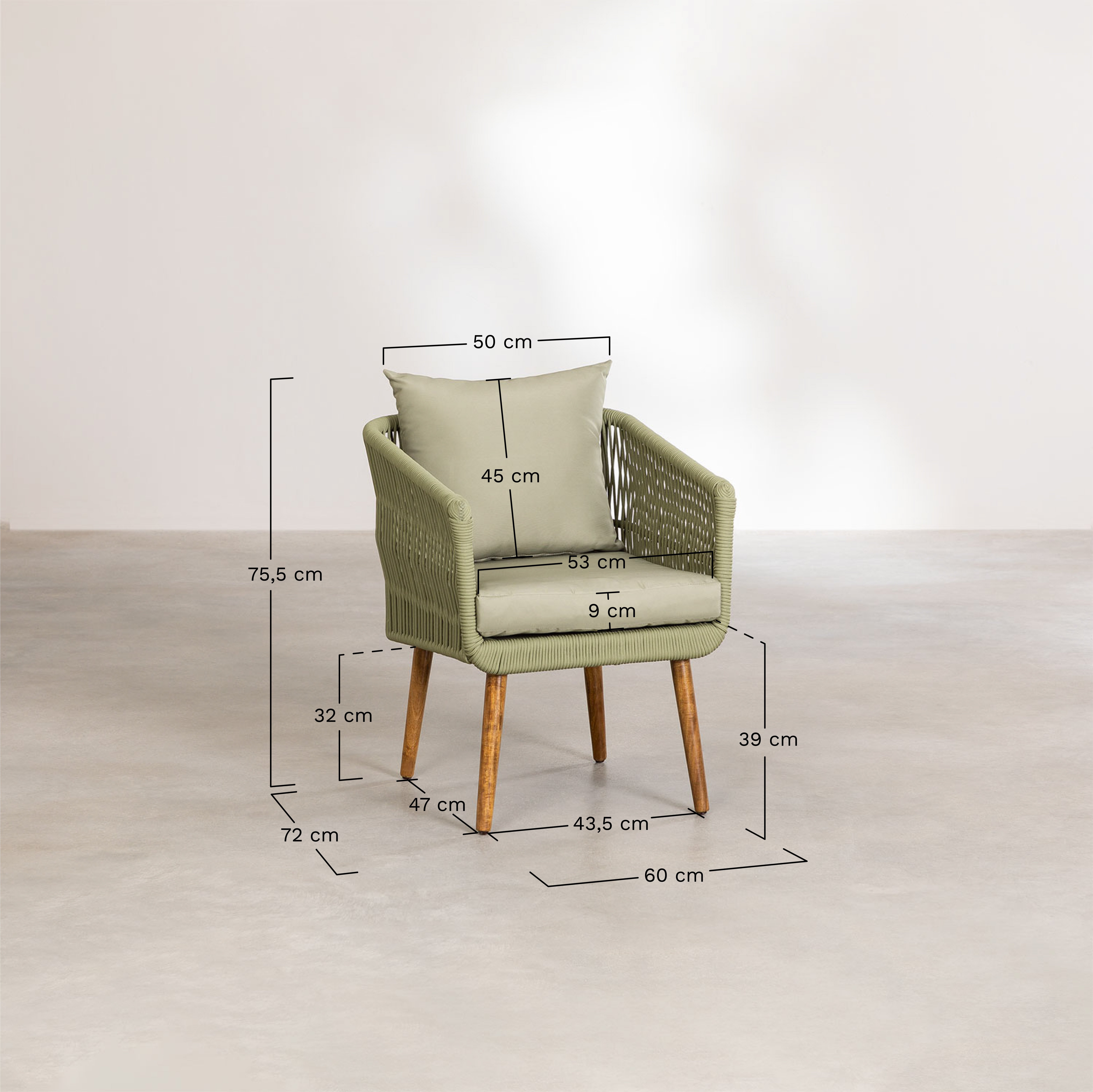 Gartenset mit 2-Sitzer-Sofa und 2 Sesseln aus Akazienholz und geflochtenem Seil im Barker-Stil, MAßE