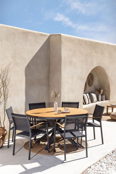 Set aus rundem Tisch Ø140 cm aus Eukalyptusholz und 6 stapelbaren Gartenstühlen aus Aluminium Archer