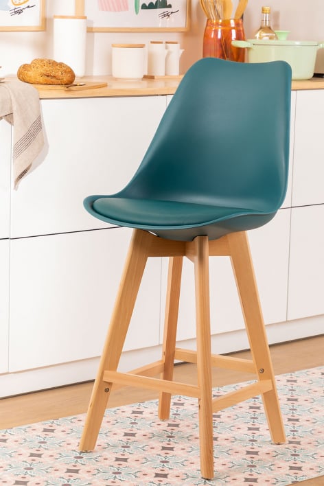 Barhocker 65 cm mit Kissen aus intensivem türkisblauem Kunstleder Nordic - Meerblau