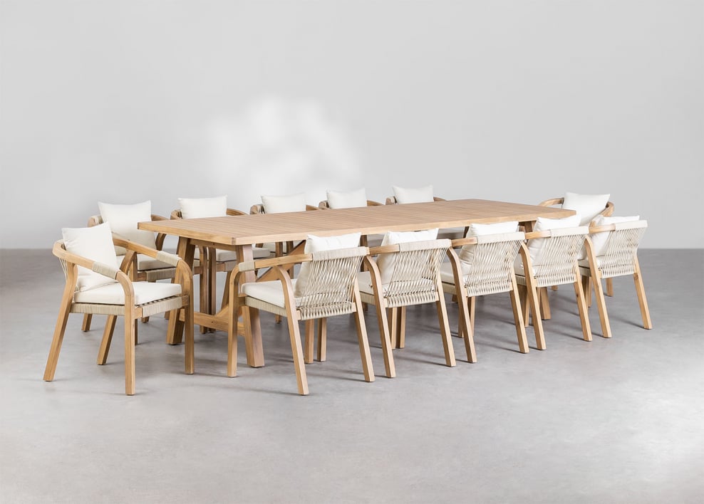 Set aus rechteckigem Tisch 300x100 cm und 12 Esszimmerstühlen aus Akazienholz Dubai