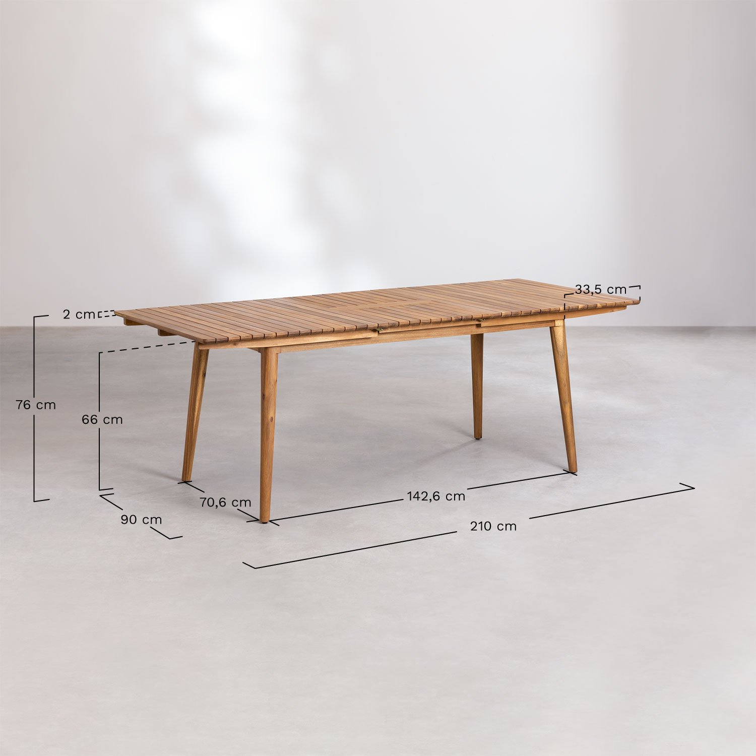 Rechteckiger Tischset 160-210x90 cm ausziehbar und 6 Esszimmerstühle mit Armlehnen aus Akazienholz Tenay, MAßE