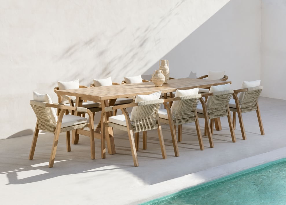 Rechteckiger Gartentisch-Set 260x100 cm mit 10 Stühlen aus Akazienholz Dubai