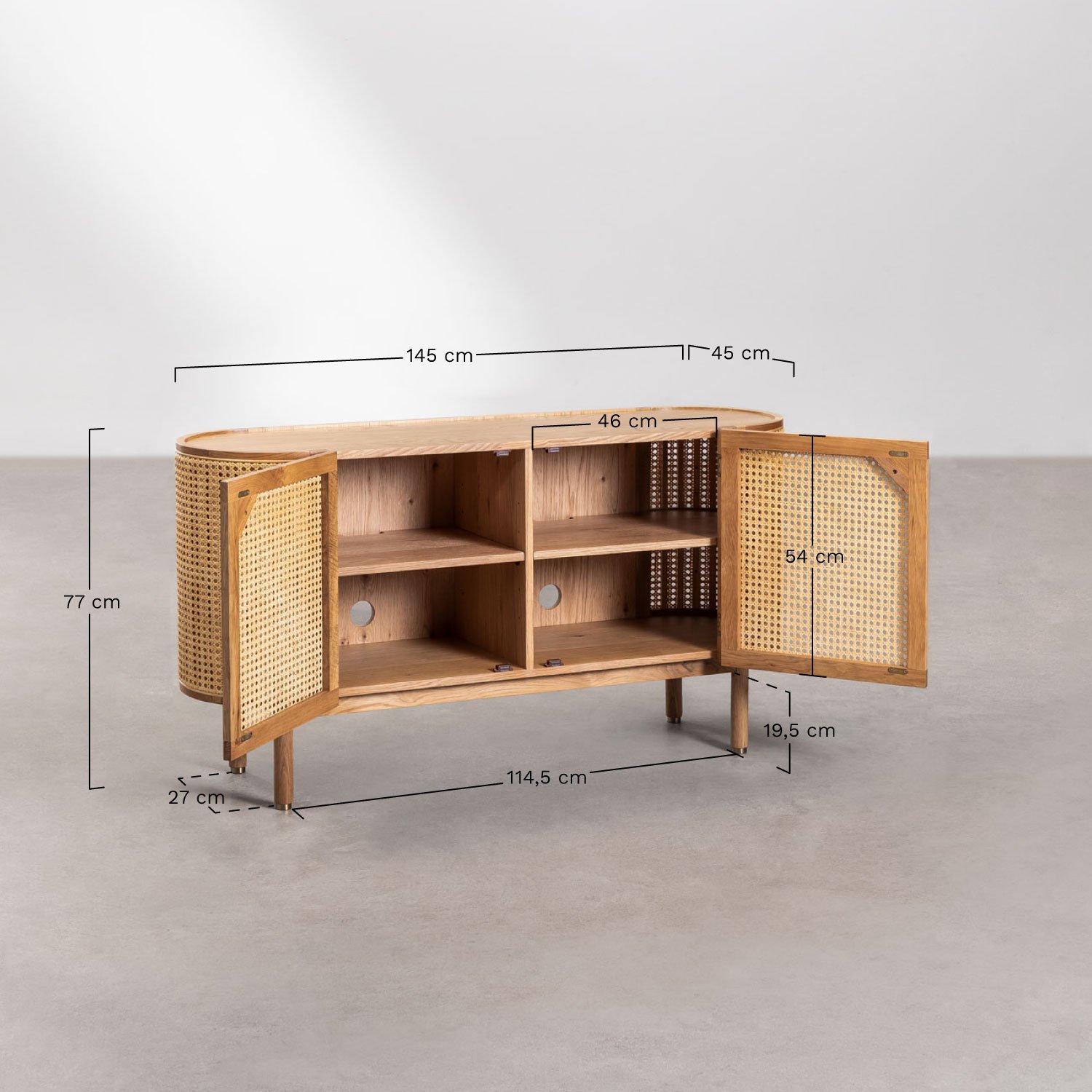 Sideboard 145x45 cm aus Rattan und Holz Edwina, MAßE