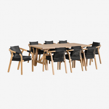 Set Aus Rechteckigem Tisch (200x100 Cm) Und 8 Gartenstühlen Aus Akazienholz Dubai Grau Graphit & Rustikales Akazienbraun - Sklum