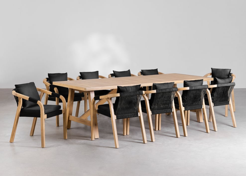 Rechteckiger Gartentisch-Set 260x100 cm mit 10 Stühlen aus Akazienholz Dubai