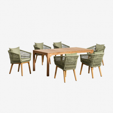 Set Aus Rechteckigem Esstisch (200 X 100 Cm) Aus Holz Donal Und 6 Esszimmerstühlen Barker Bamboo Grün - Sklum