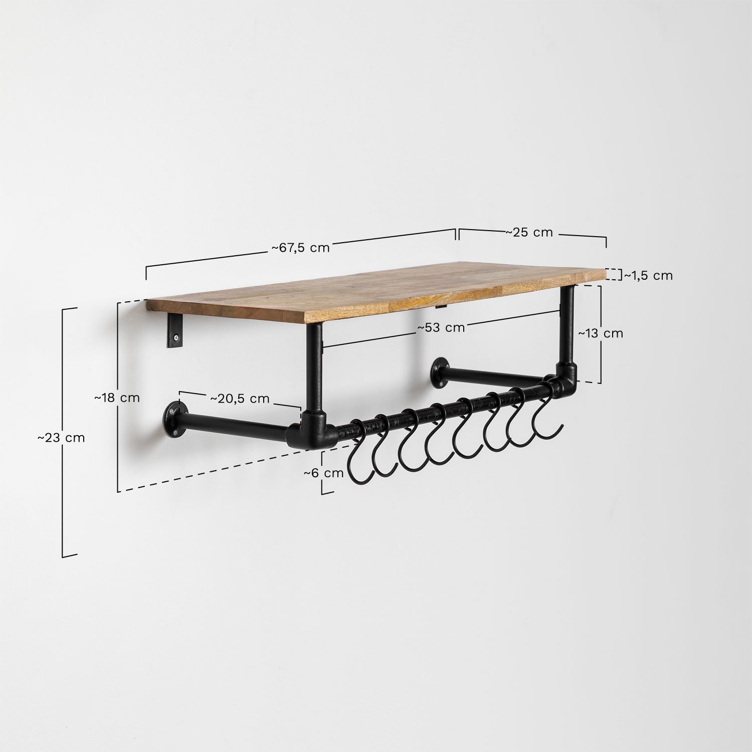 Jensin Wandgarderobe mit Regal aus Mangoholz und Stahl         , MAßE