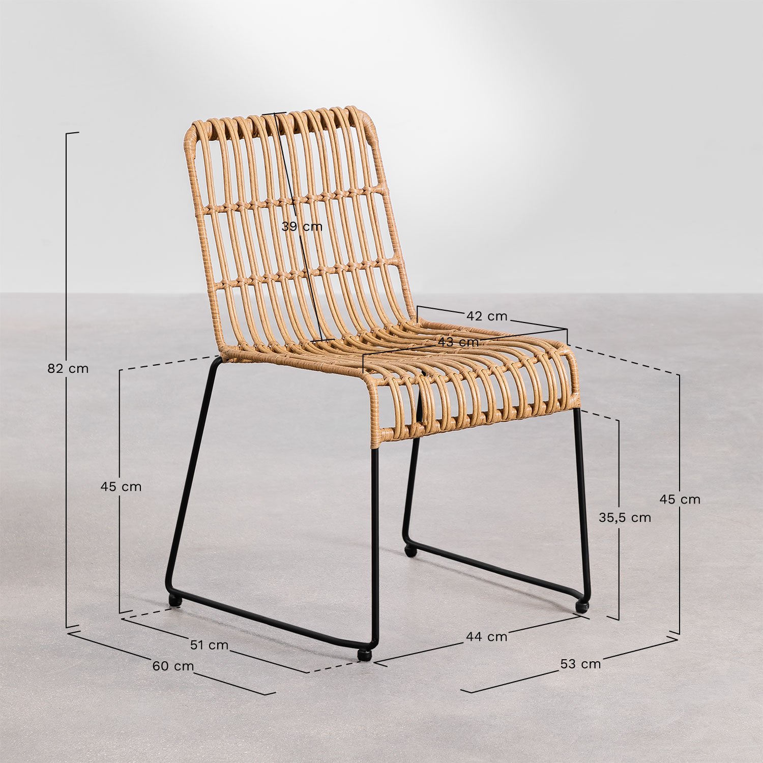 Set aus rechteckigem Tisch aus synthetischem Korbgeflecht (180 x 90 cm) Leribert und 6 Gartenstühlen aus synthetischem Rattan Ar, MAßE