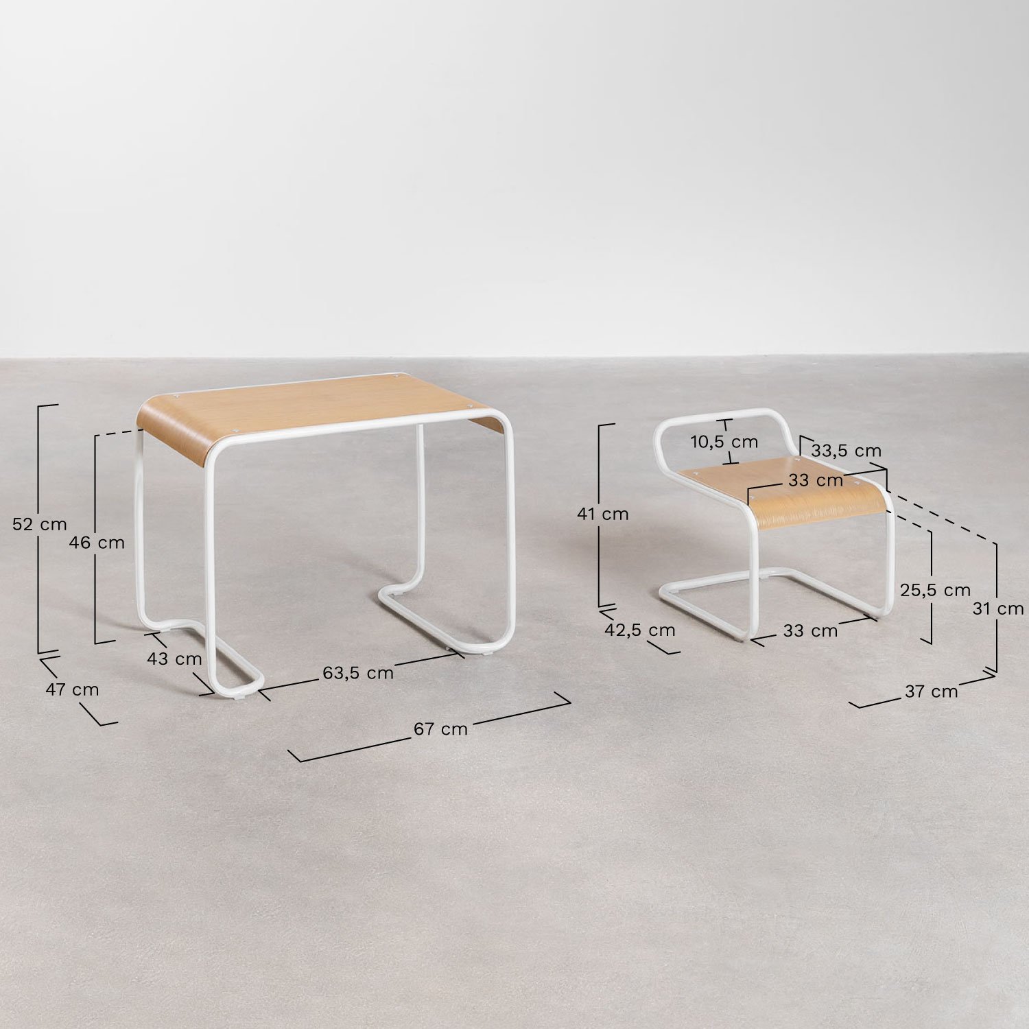 Set aus Tisch und Stuhl aus Holz und Eisen Markalany Kids, MAßE