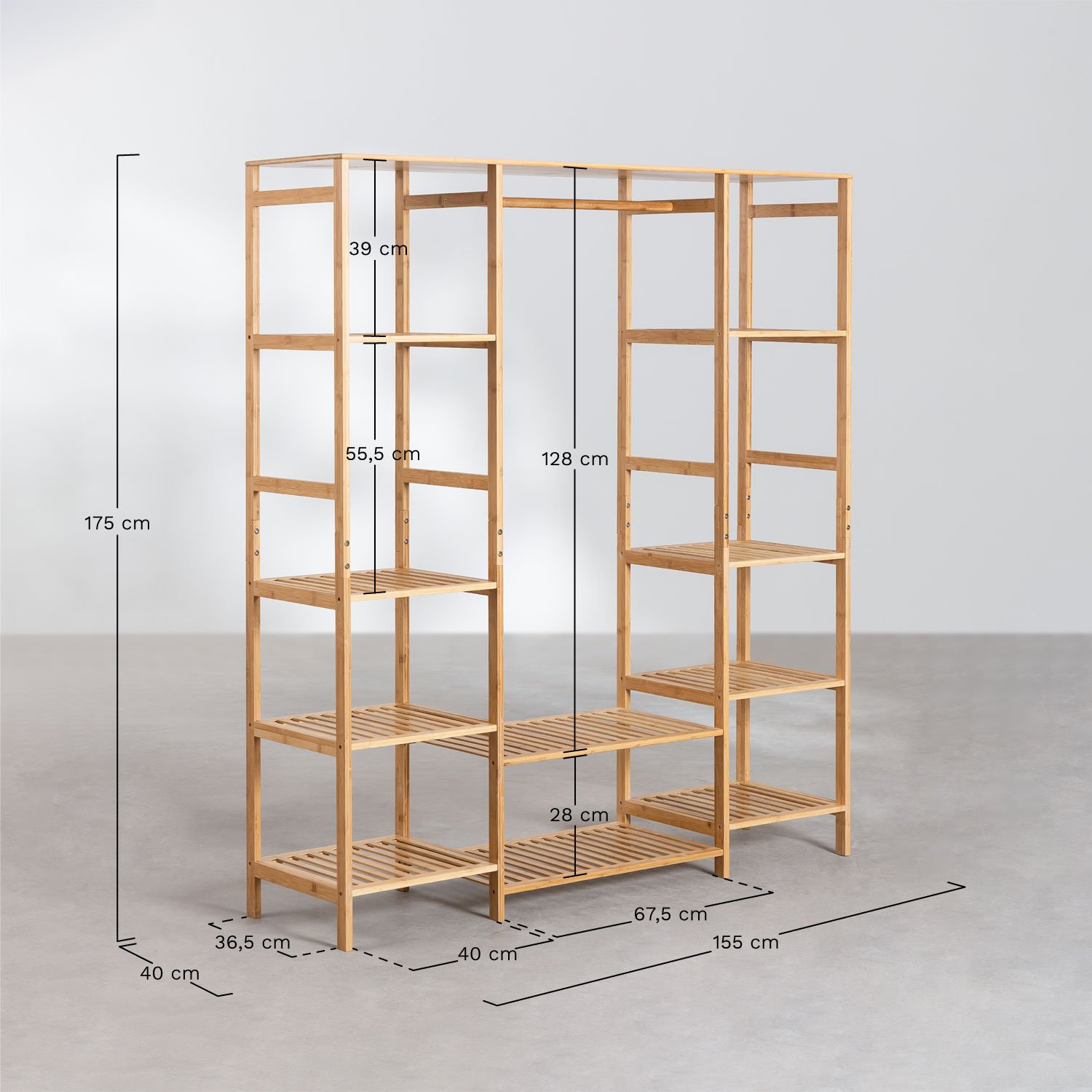 Offener Kleiderschrank von Krauford mit Regalen aus Bambusholz, MAßE