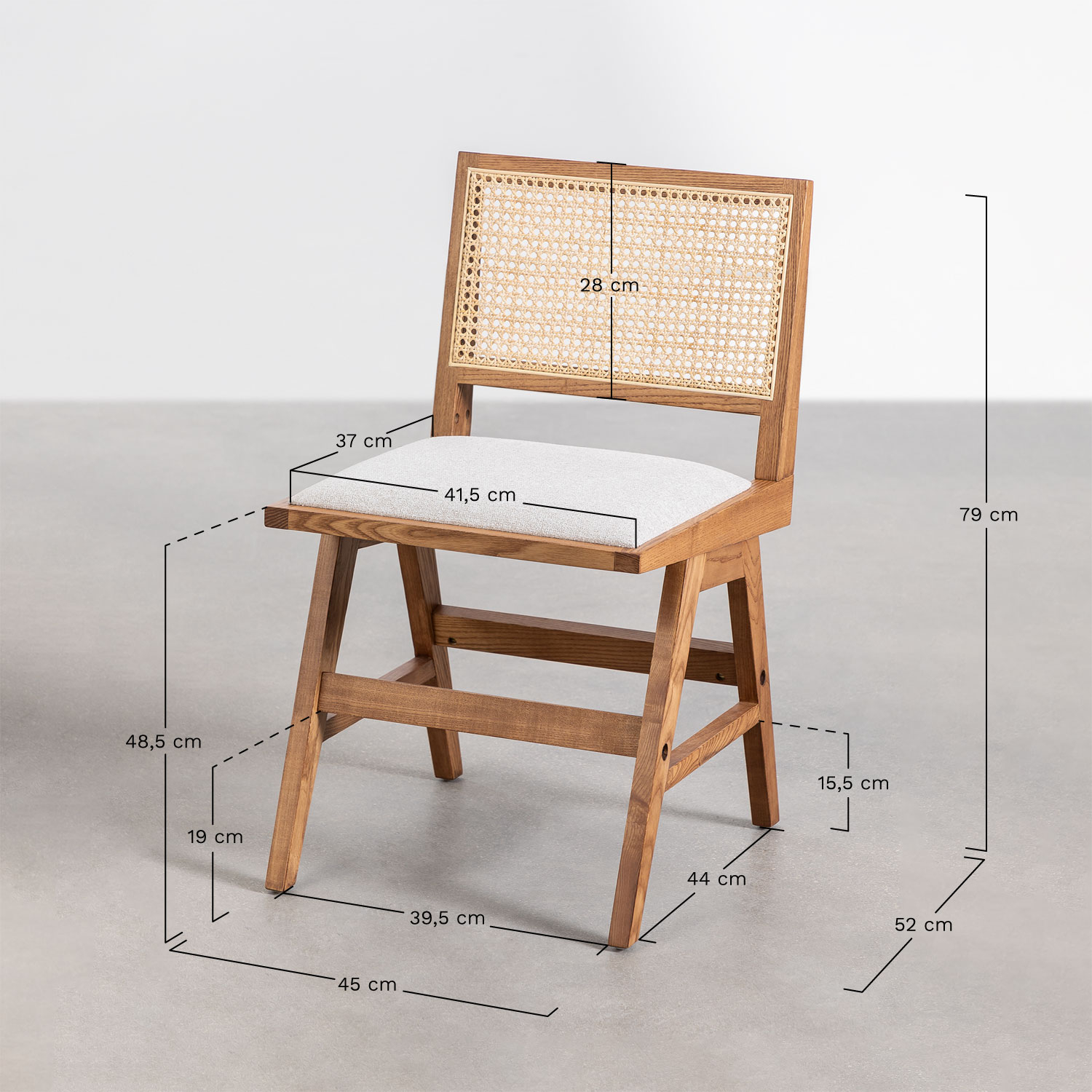 Esszimmerstuhl aus eschenholz und rattan gepolstert Lali, MAßE