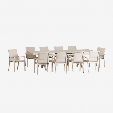 Karena Rechteckiges Ausziehbares Tischset 240-300x100 Cm Und 10 Stapelbare Gartenstühle Mit Aluminiumarmlehnen Braun Tapioca - Sklum