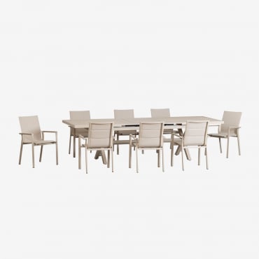Karena Rechteckiges Ausziehbares Tischset 240-300x100 Cm Und 8 Stapelbare Gartenstühle Mit Aluminiumarmlehnen Beige Tapioca - Sklum