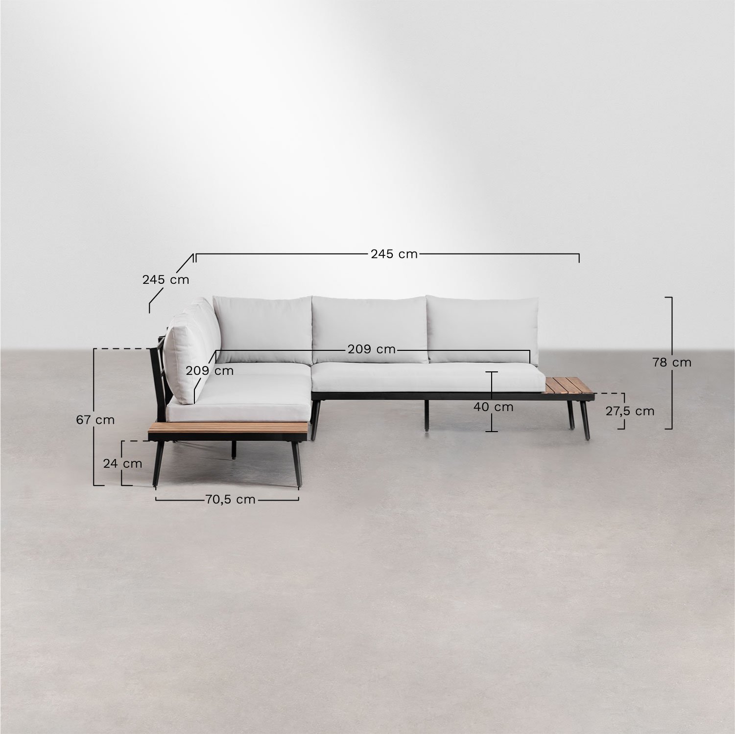 Gartenset mit 4-Sitzer-Ecksofa und Couchtisch aus Aluminium und Akazienholz Kalen, MA&szlig;E