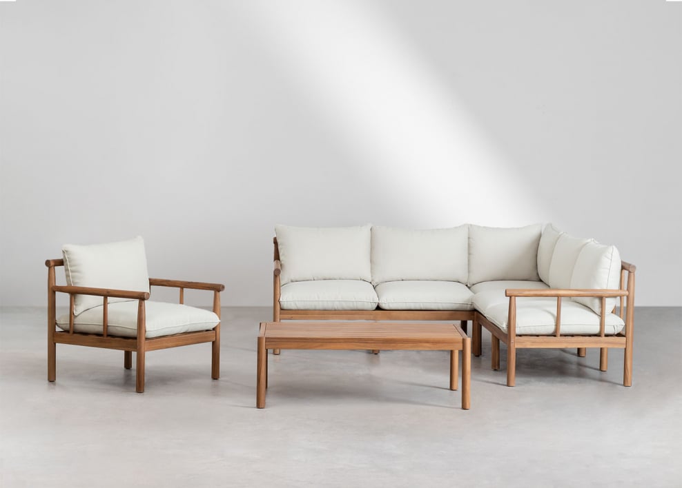 Wohnzimmer-Set mit 5-Sitzer-Ecksofa, Sessel und Couchtisch aus Akazienholz Melvin