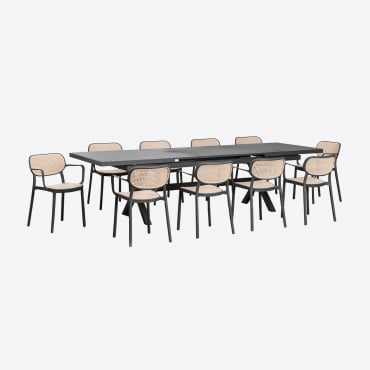 Set Aus Ausziehbarem Rechteckigem Aluminium-gartentisch (240–300 X 100 Cm) Karena Und 10 Gartenstühlen Mit Armlehnen Omara Grau Graphit - Sklum