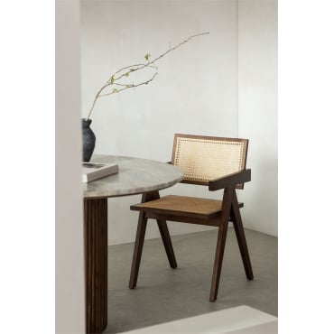 Esszimmerstuhl mit Armlehnen aus Eschenholz und Rattan Lali Style