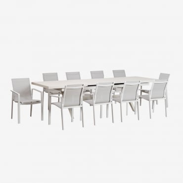Set Aus Ausziehbarem Rechteckigem Aluminium-gartentisch (240–300 X 100 Cm) Karena Und 10 Eika-gartenstühlen Gardenia Weiß - Sklum