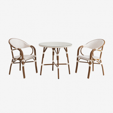 Brielle Bistro Rundes Tischset Ø80 Cm Und 2 Stapelbare Esszimmerstühle Mit Armlehnen Aus Aluminium Gardenia Weiß - Beige Nude - Sklum