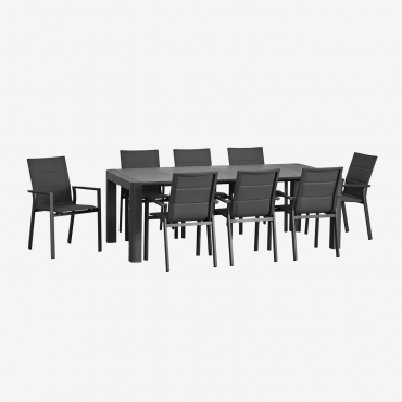 Set Aus Rechteckigem Arnadine-tisch (220 X 100 Cm) Und 8 Stapelbaren Gartenstühlen Aus Karena-aluminium Grau Graphit - Sklum