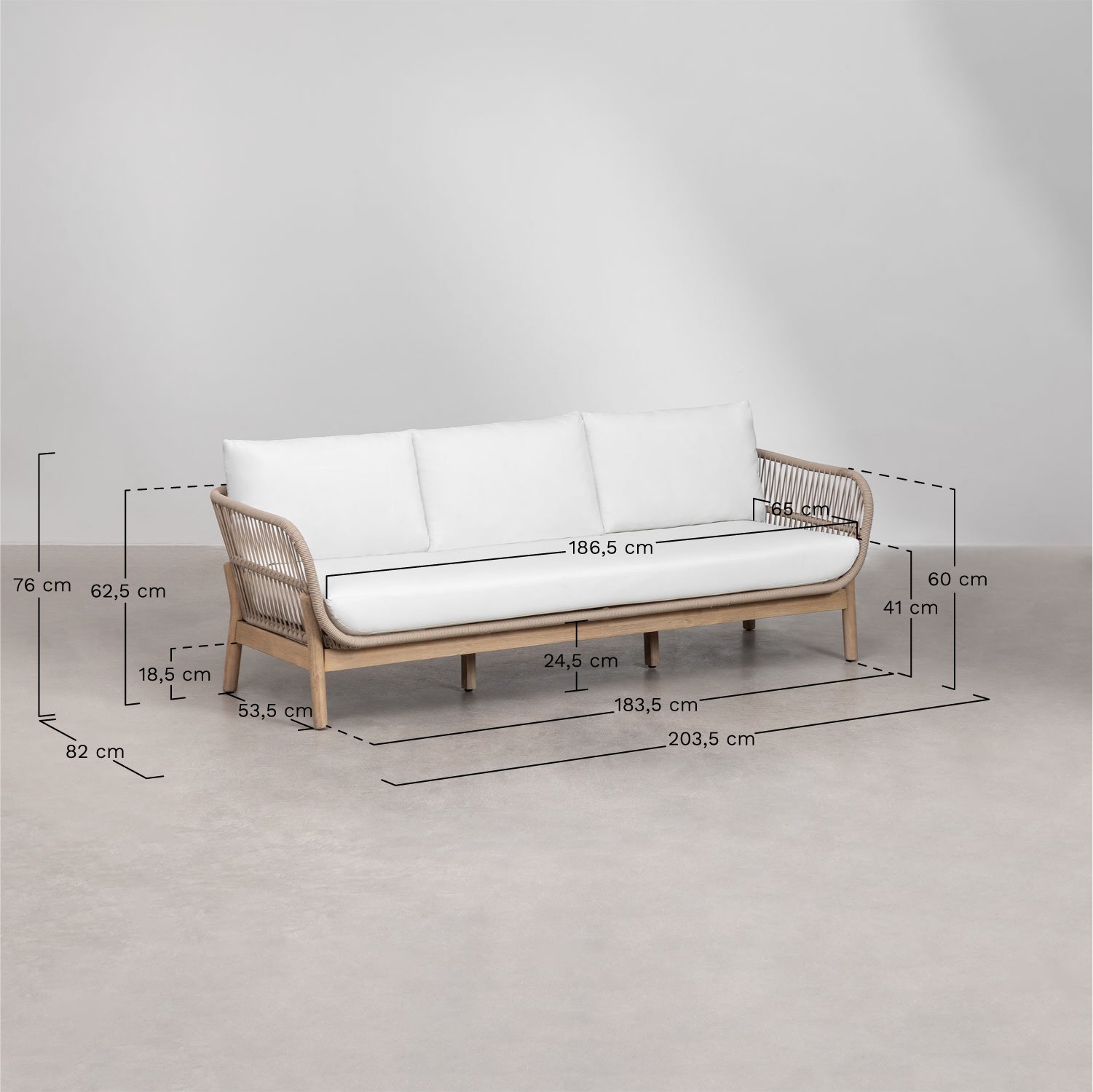 Gartenset mit 3-Sitzer-Sofa und rechteckigem Couchtisch 120x60 cm aus Aluminium und Akazienholz Karvia, MAßE
