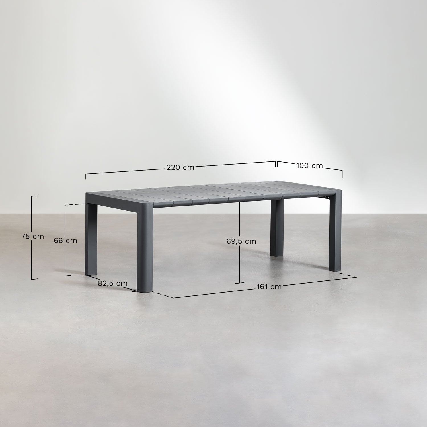 Rechteckiger Esstisch-Set 220x100 cm Arnadine und 8 stapelbare Gartenstühle mit Armlehnen aus Polypropylen Omara, MA&szlig;E