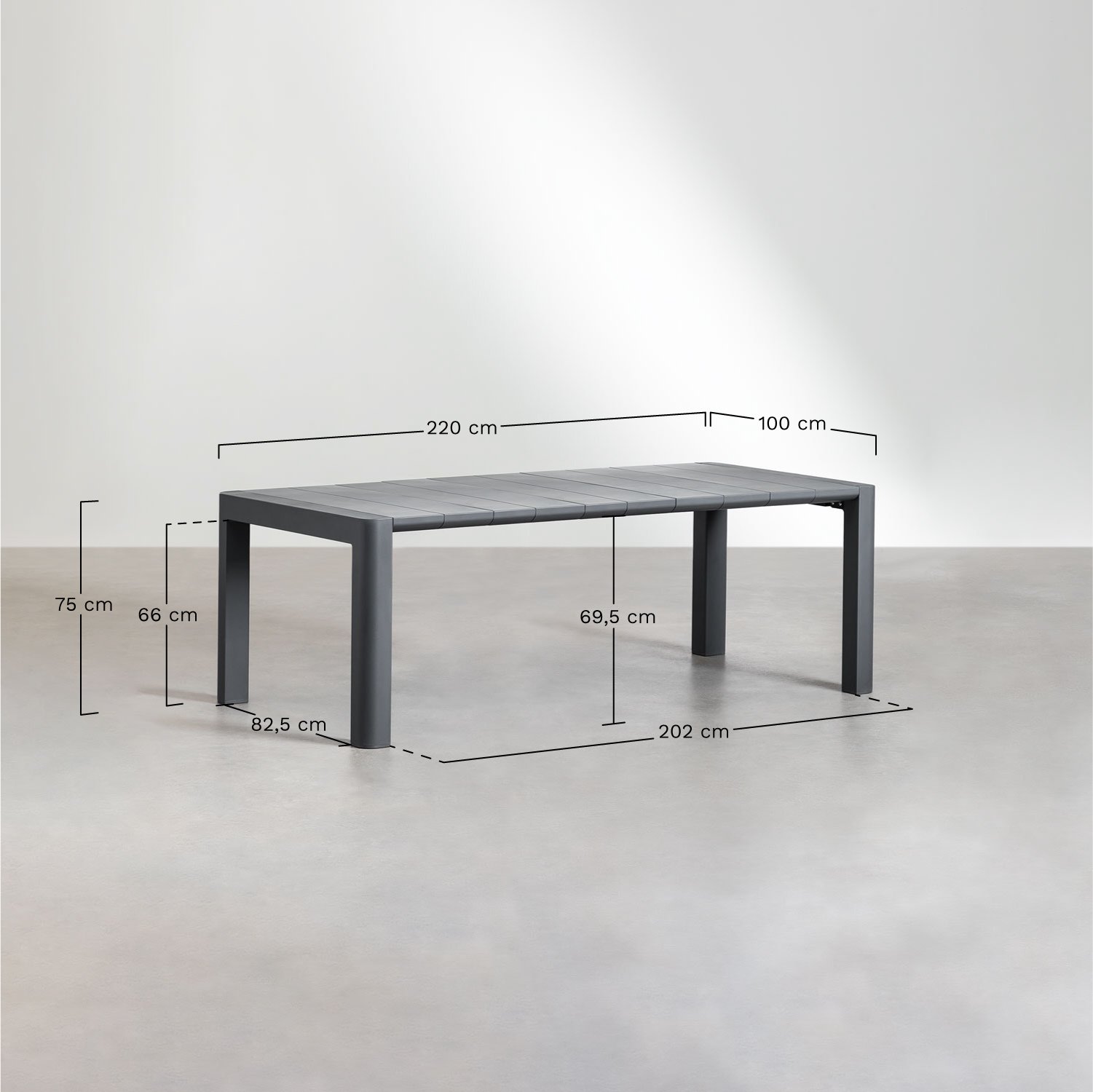 Arnadine-Set mit rechteckigem Tisch (220 x 100 cm) und 8 stapelbaren Omara-Esszimmerstühlen, MAßE