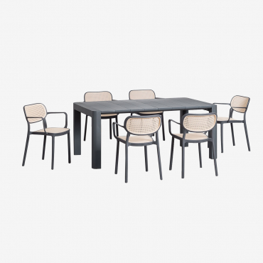 Arnadine-set Mit Rechteckigem Tisch (180 X 100 Cm) Und 6 Stapelbaren Gartenstühlen Mit Omara-armlehnen Grau Graphit - Sklum