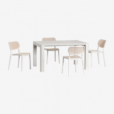 Set Aus Rechteckigem Arnadine-tisch (140 X 100 Cm) Und 4 Stapelbaren Omara-gartenstühlen Gardenia Weiß - Sklum