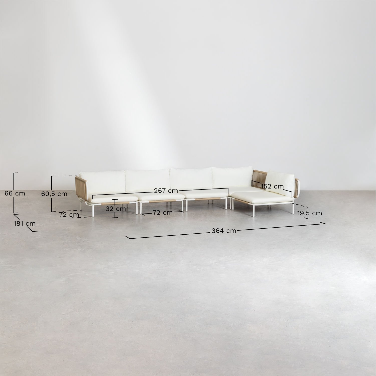 5-teiliges modulares Eckgartensofa und Roubly-Couchtisch , MAßE