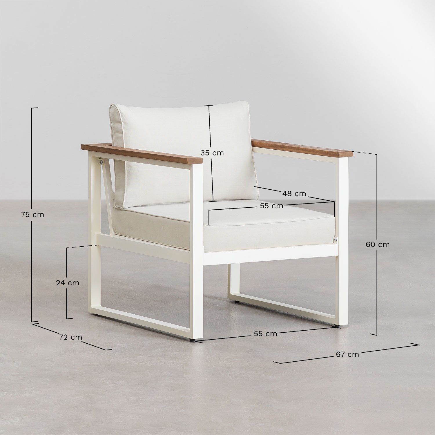 Gartenset mit einem 2-Sitzer-Sofa, 2 Sesseln und einem Couchtisch aus Aluminium und Lipov-Akazienholz., MAßE