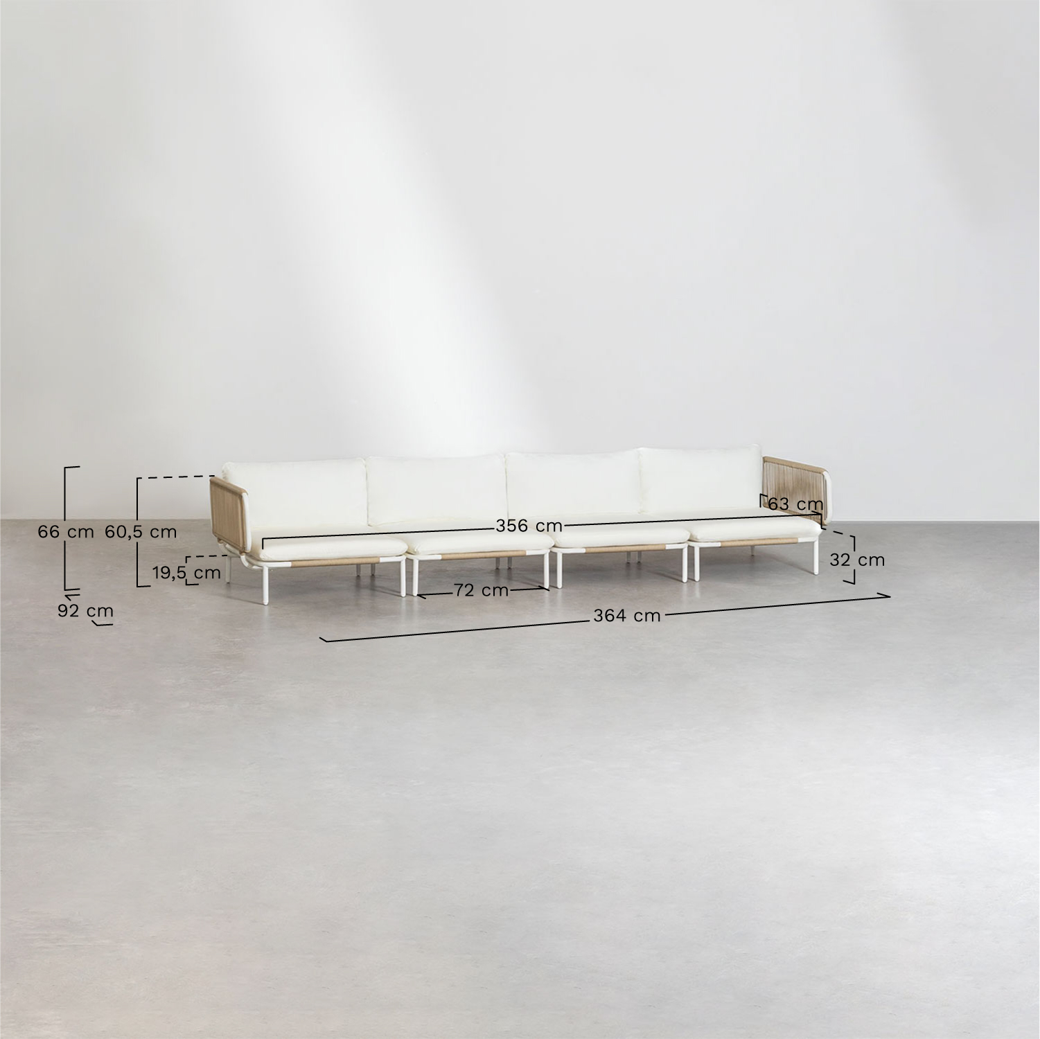 4-teiliges modulares Gartensofa mit 2 Ecksesseln und Roubly-Couchtisch , MAßE