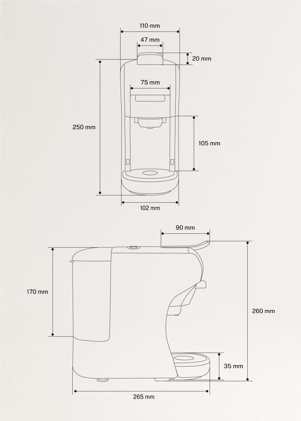 CREATE - POTTS - Multikapsel- und Kaffeemehl-Espressomaschine, MAßE