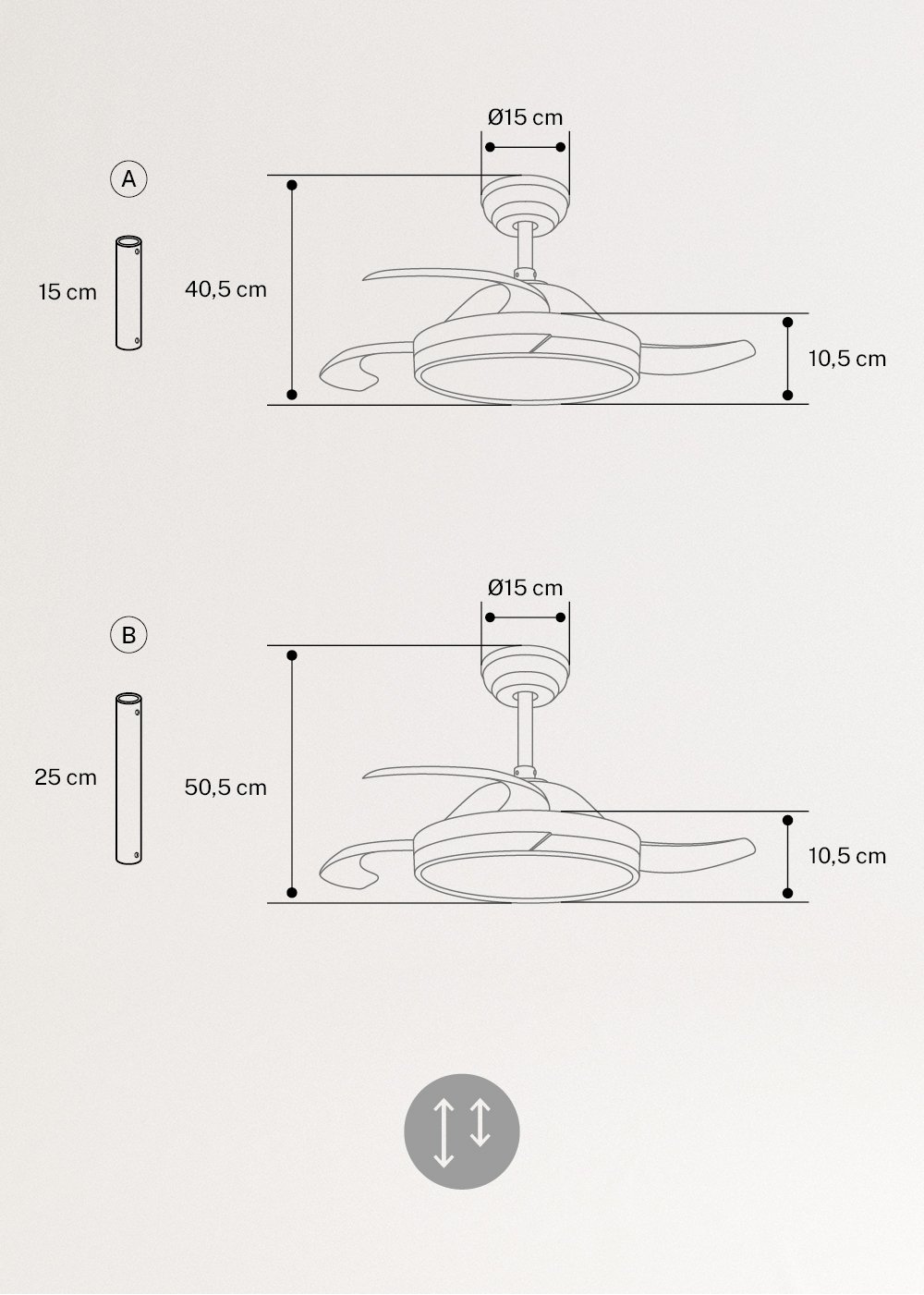 CREATE - WIND CLEAR - Leiser Deckenventilator 40W Ø108cm einziehbare  Flügel mit 36W LED-Licht, MAßE