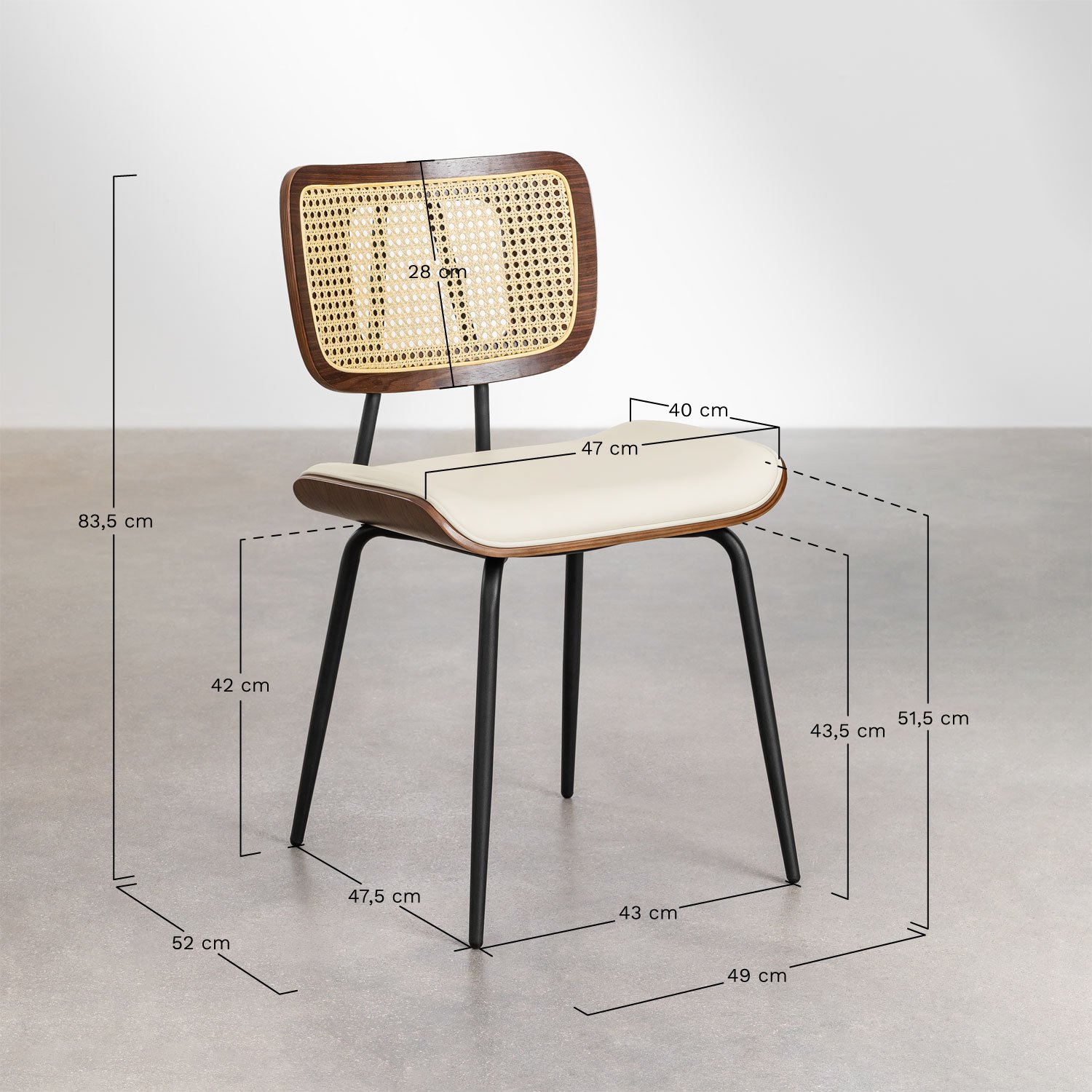 Esszimmerstuhl aus holz, rattan und kunstleder Raysa, MAßE