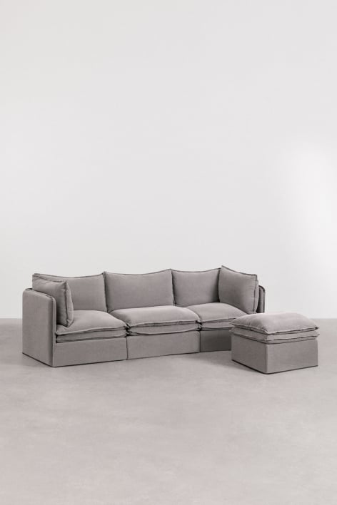 Modulares 3-Sitzer-Sofa mit Hocker aus Leinen und Baumwolle Grace - Stofffarbe Dunkelgrau