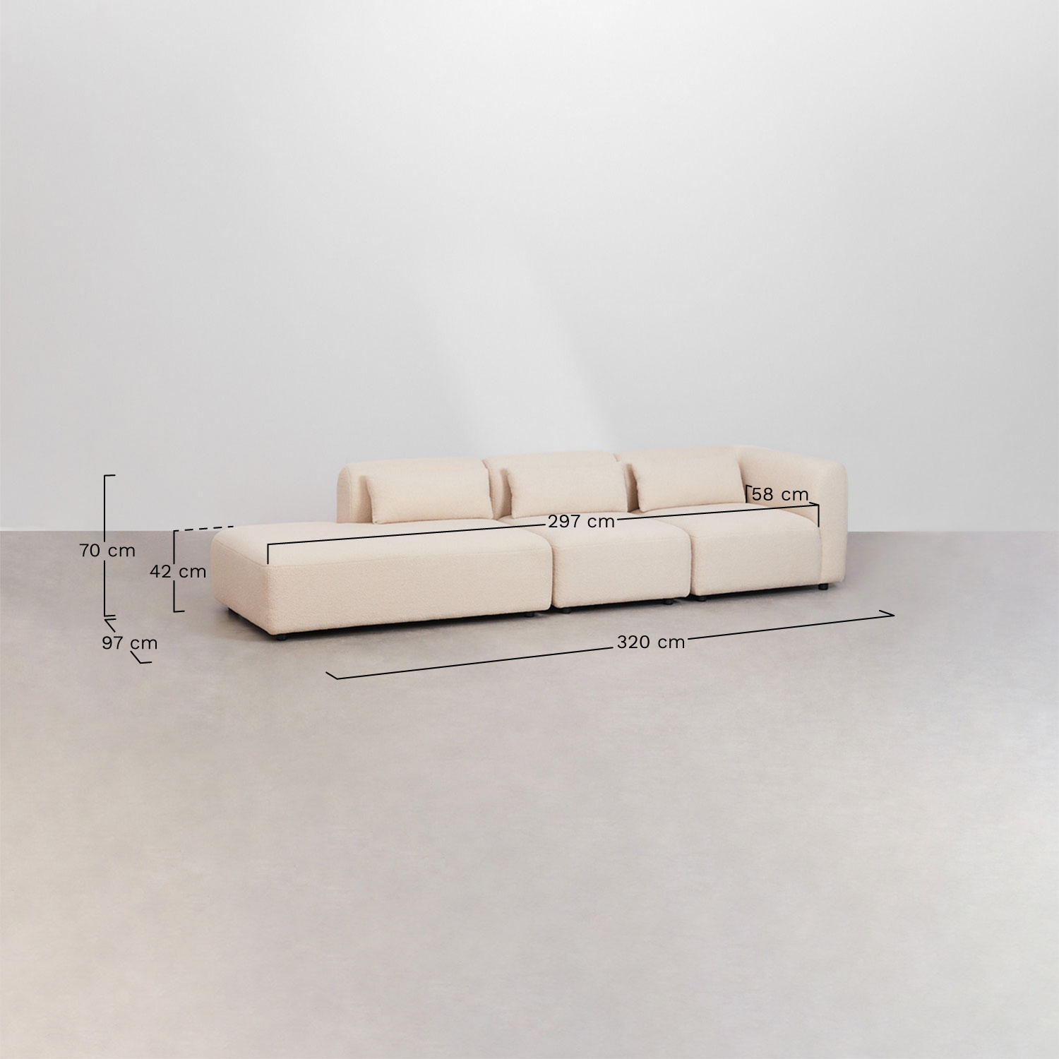 3-teiliges modulares Ecksofa Fogler mit Chaiselongue links, MAßE