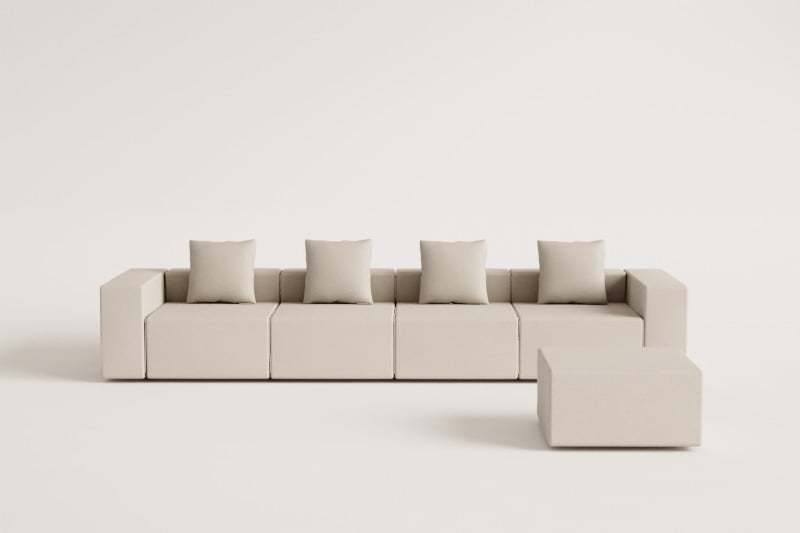 Modulares 4-Sitzer-Sofa mit hoher Armlehne und Hocker (↔︎400 cm) Bruna