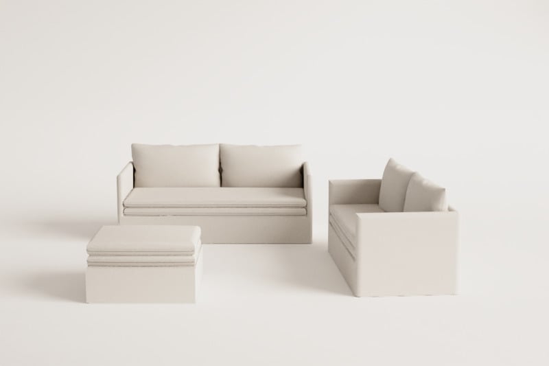 Wohnzimmerset mit 2-Sitzer-Sofa, 3-Sitzer-Sofa und Hocker aus Grace-Leinen und Baumwolle